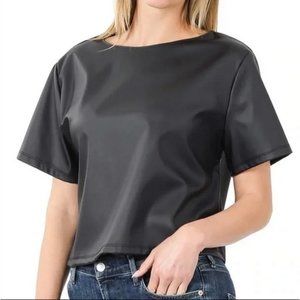 Vegan Leather Short Sleeve Round Neck Crop